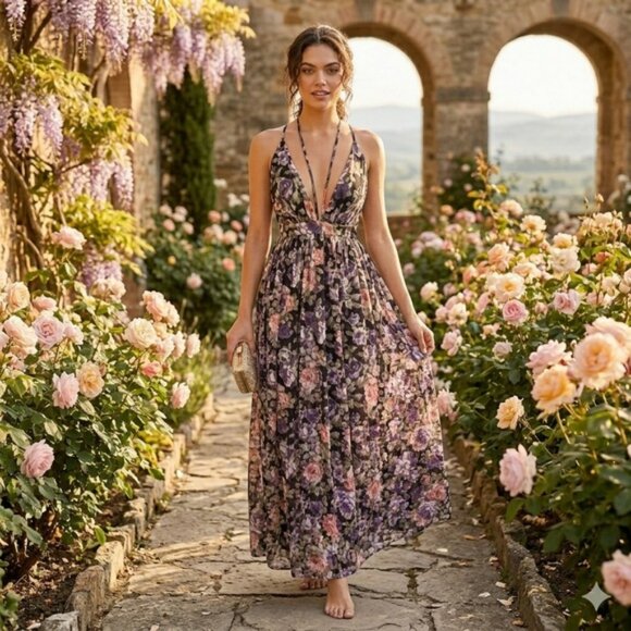 Windsor Dresses & Skirts - Windsor Floral Maxi Dress Black Purple Pink Small Boho Sundress Summer
